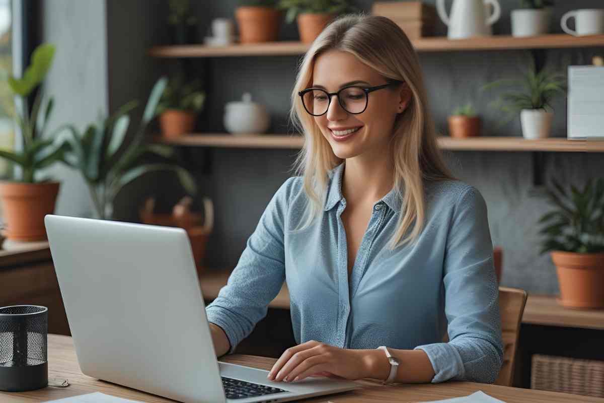 donna guarda lo schermo di un notebook sorridendo