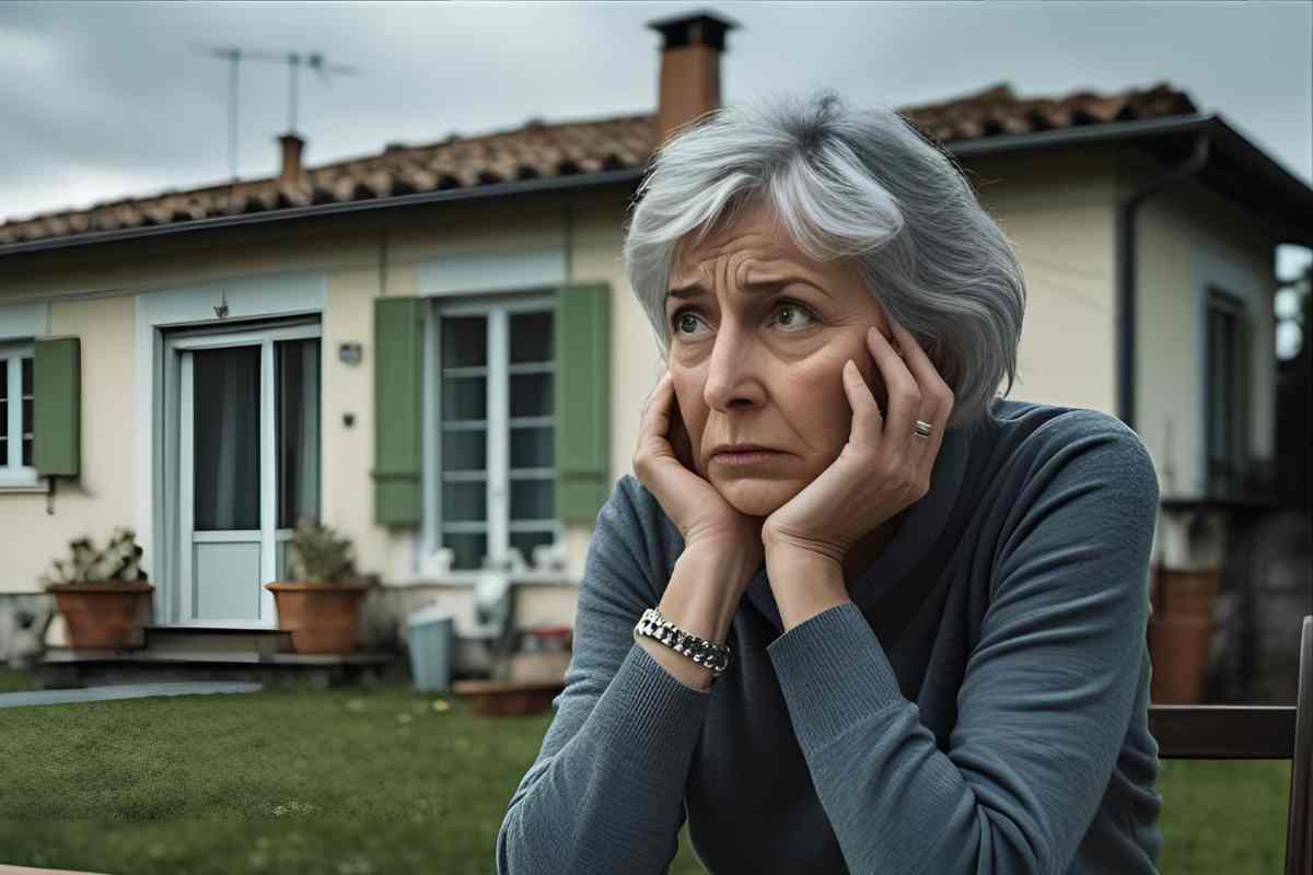 donna pensionata pensierosa davanti alla sua casa
