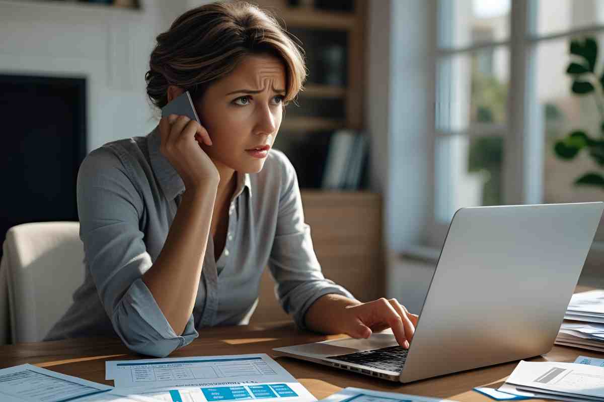 donna guarda lo schermo di un notebook e parla al telefono