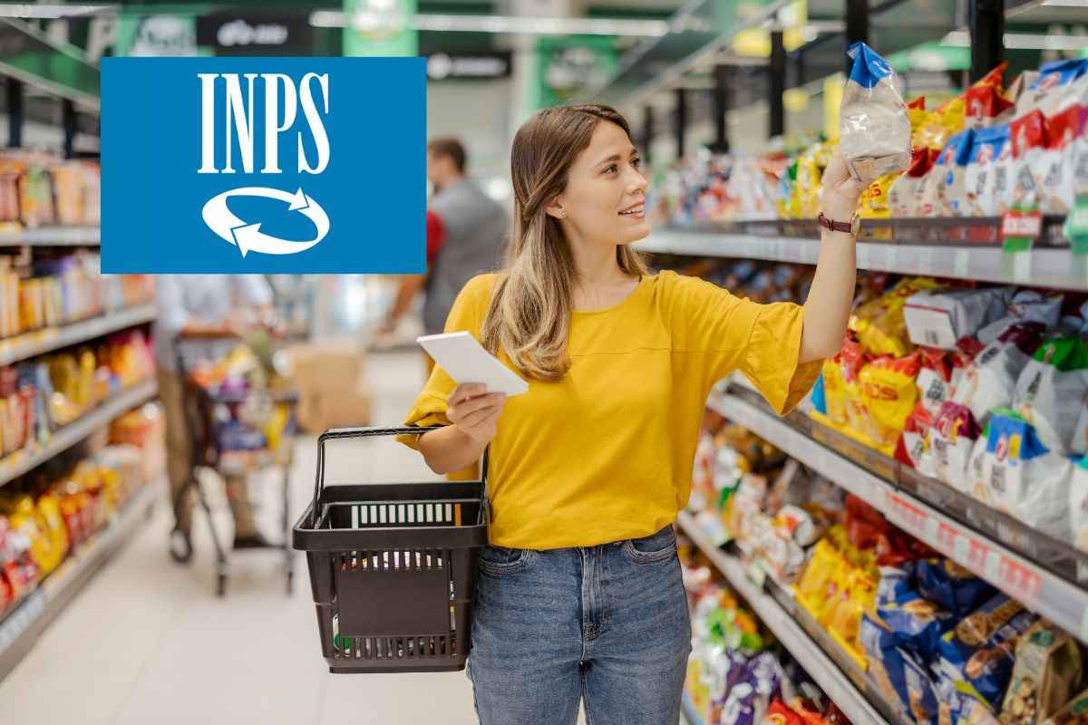 una signora che fa acquisiti in un supermercato e la scritta INPS