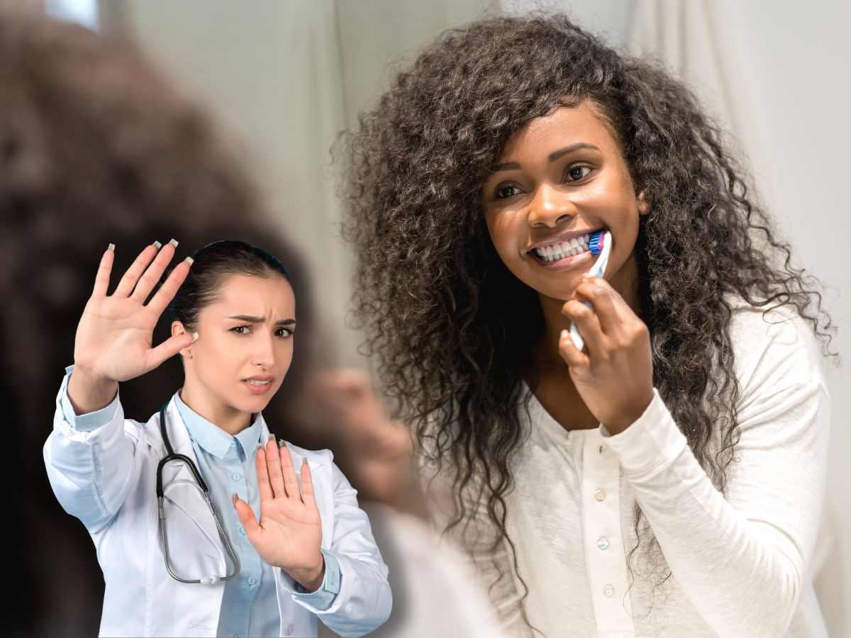 donna che lava i denti e una dottoressa che fa stop con le mani